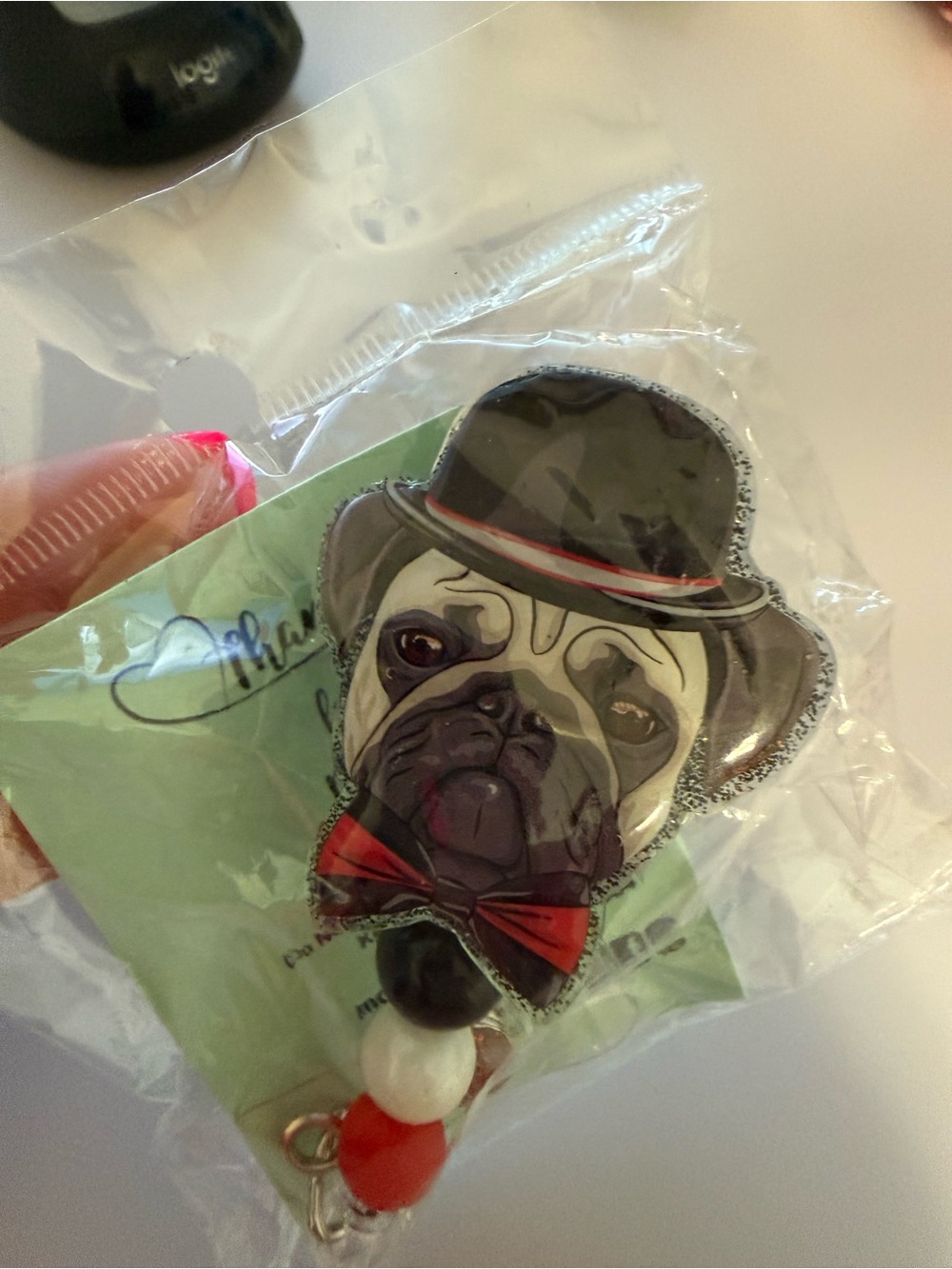 Novelty French Bulldog badge reel- Black Hat, Red Bow
